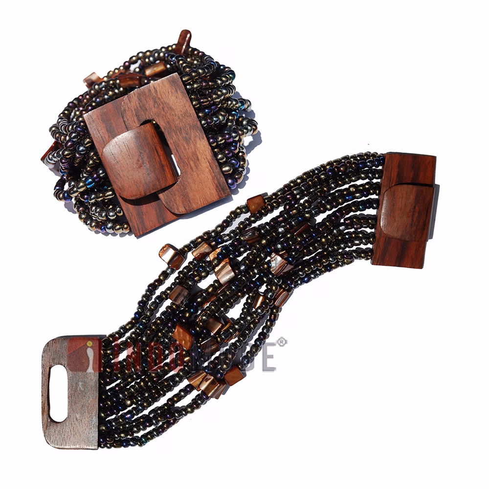 Gold-Tone Rainbow Chrome Glass Beaded Bracelet with Mother Of Pearl - Image 3