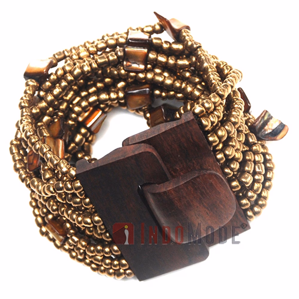 Gold-Tone Handcrafted 14-Strand Wide Glass Beaded Bracelet Mop Shells