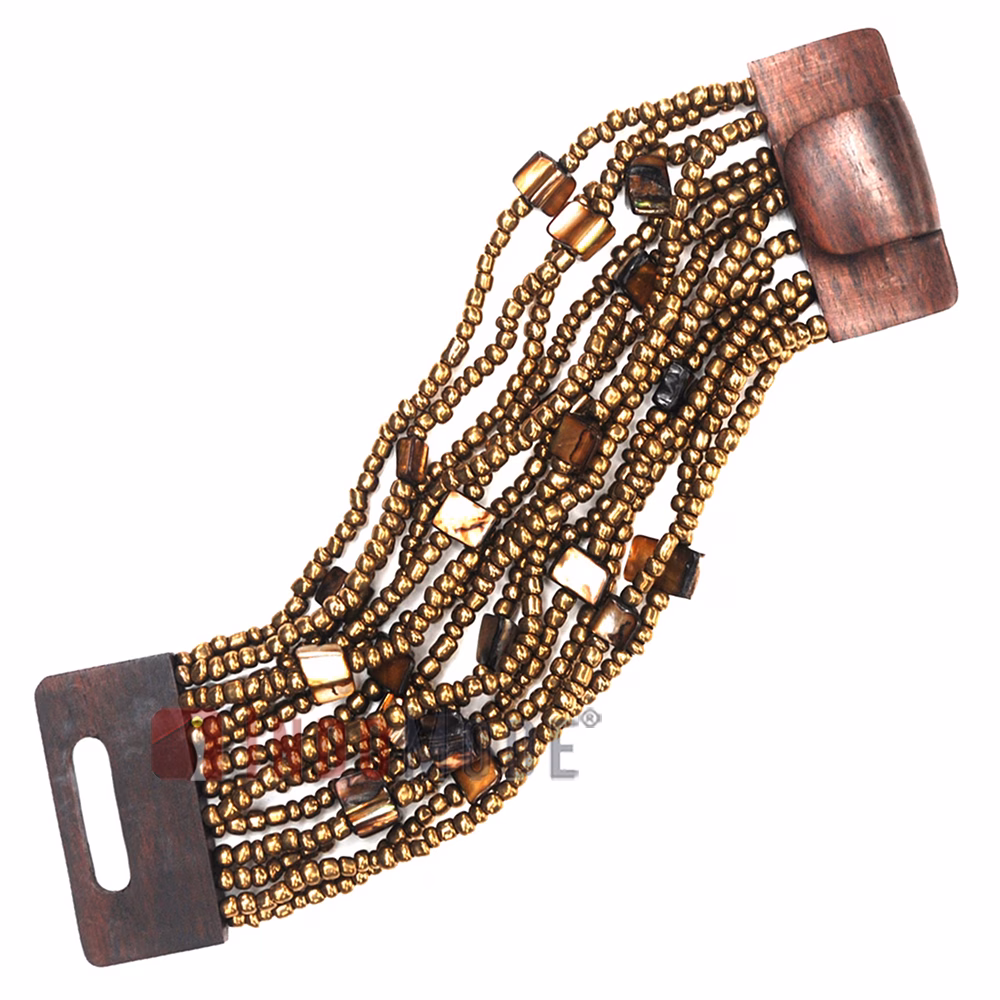 Gold-Tone Handcrafted 14-Strand Wide Glass Beaded Bracelet Mop Shells - Image 2