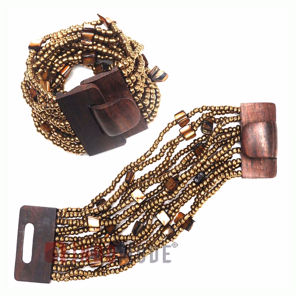 Gold-Tone Handcrafted 14-Strand Wide Glass Beaded Bracelet Mop Shells - Image 3