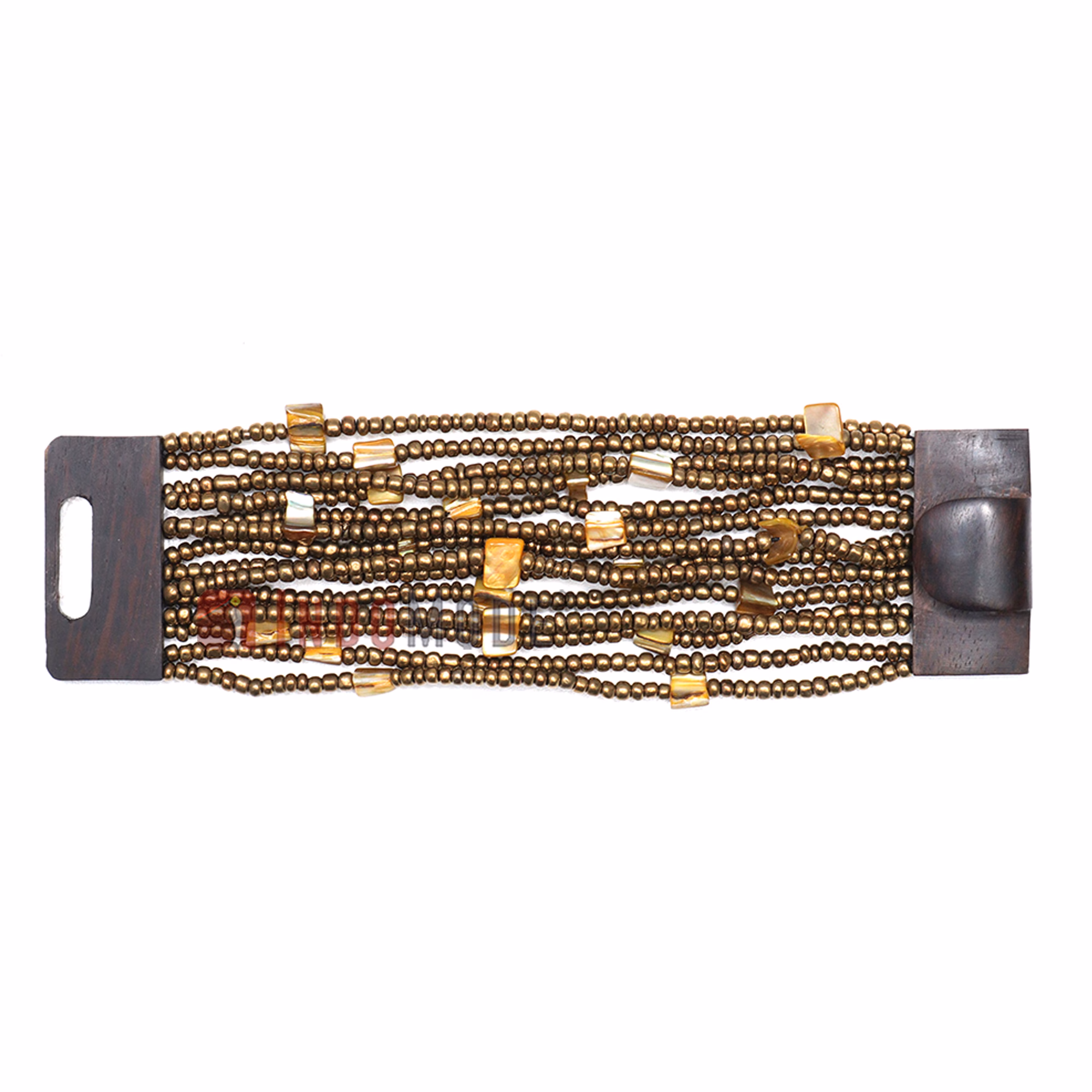 Gold-Tone Handcrafted 14-Strand Wide Glass Beaded Bracelet Mop Shells - Image 4