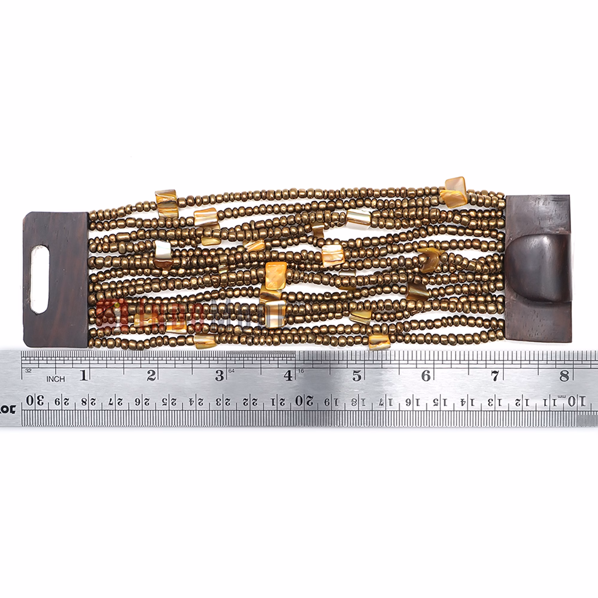 Gold-Tone Handcrafted 14-Strand Wide Glass Beaded Bracelet Mop Shells - Image 5
