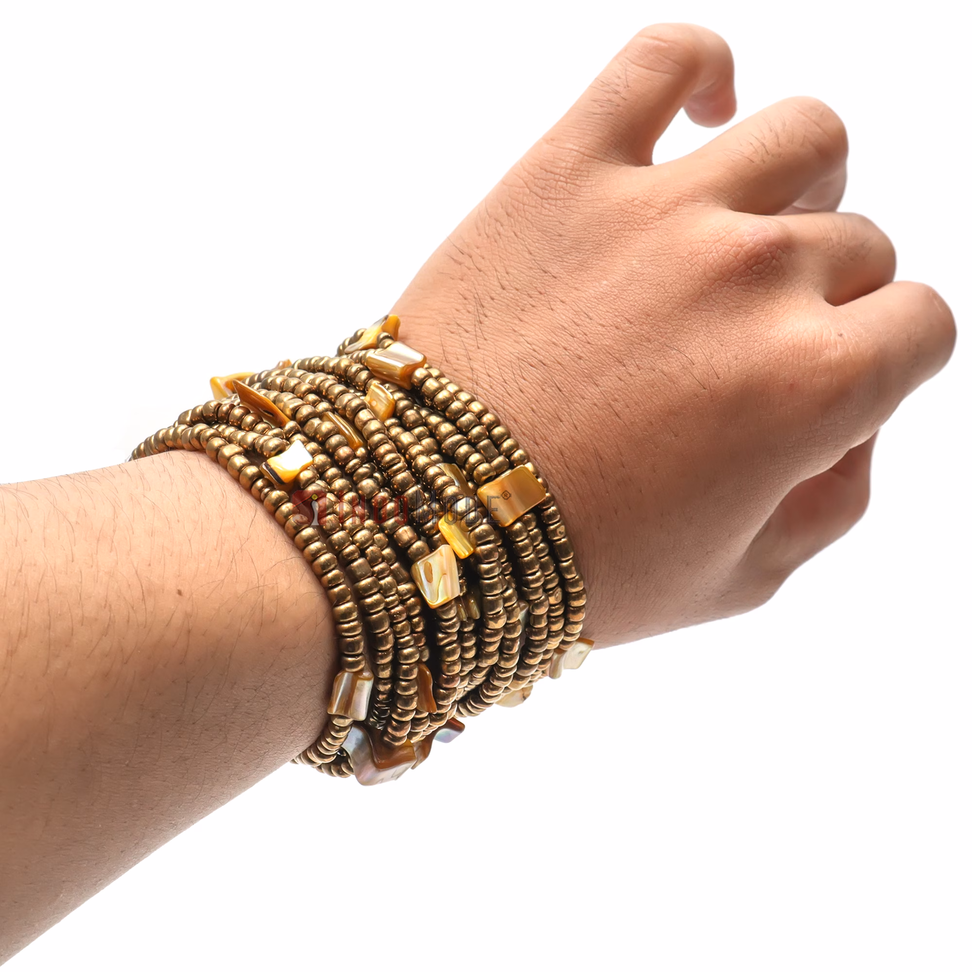 Gold-Tone Handcrafted 14-Strand Wide Glass Beaded Bracelet Mop Shells - Image 7