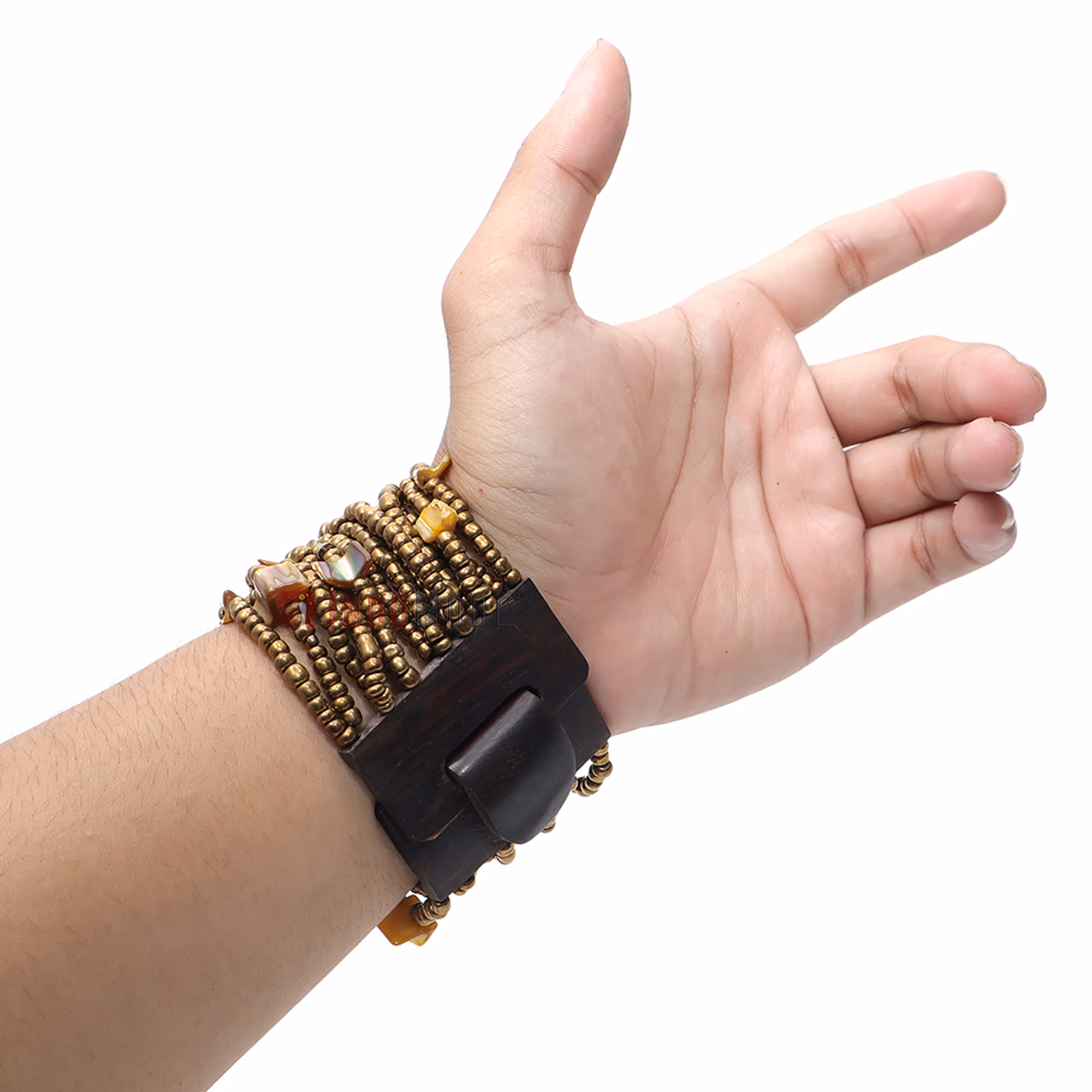 Gold-Tone Handcrafted 14-Strand Wide Glass Beaded Bracelet Mop Shells - Image 8