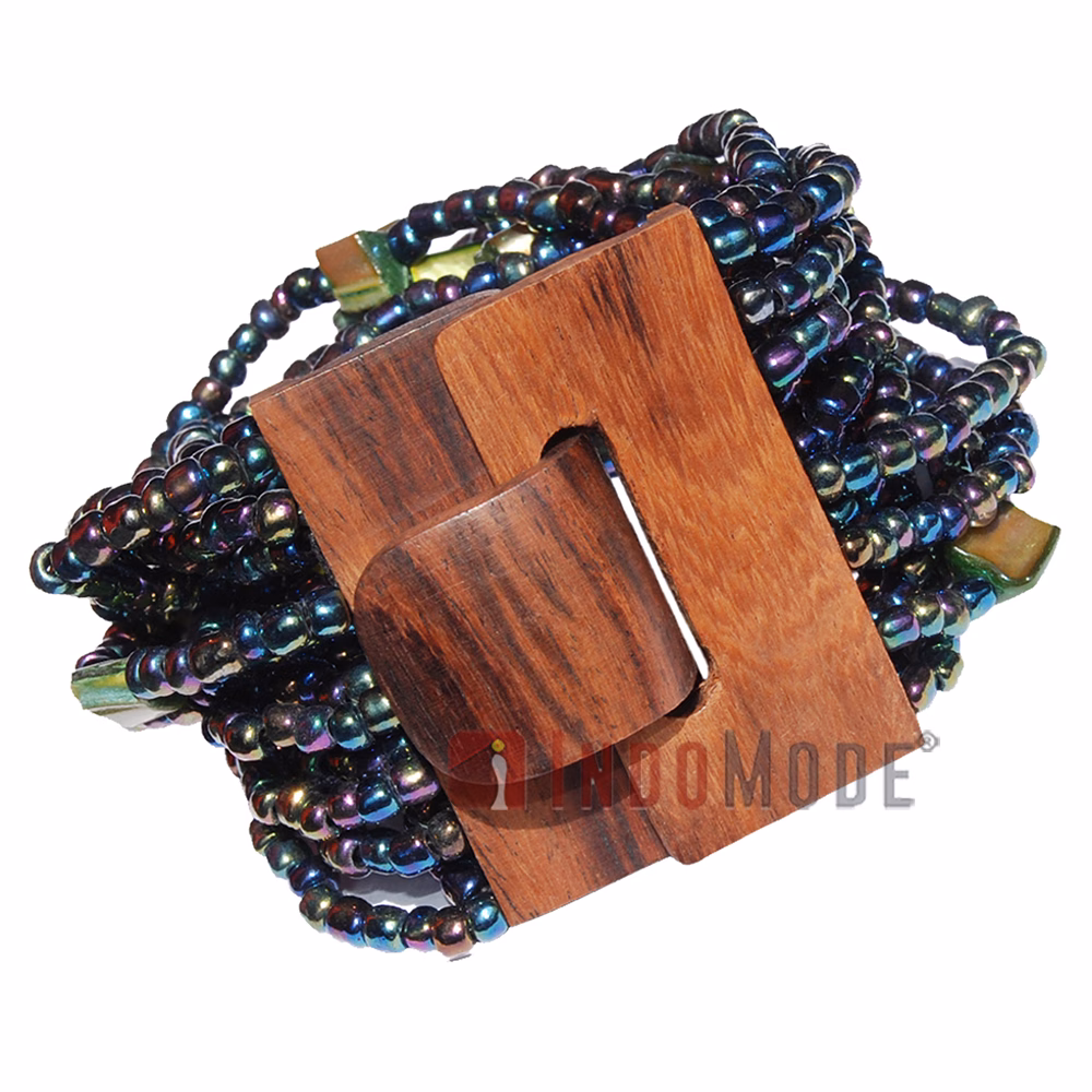 Green Rainbow Chrome Glass Beaded Bracelet Wood Clasp Mother Of Pearl