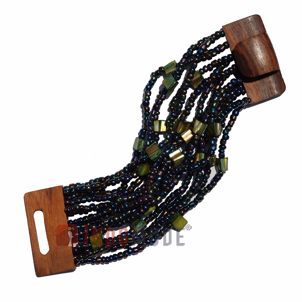 Green Rainbow Chrome Glass Beaded Bracelet Wood Clasp Mother Of Pearl - Image 2