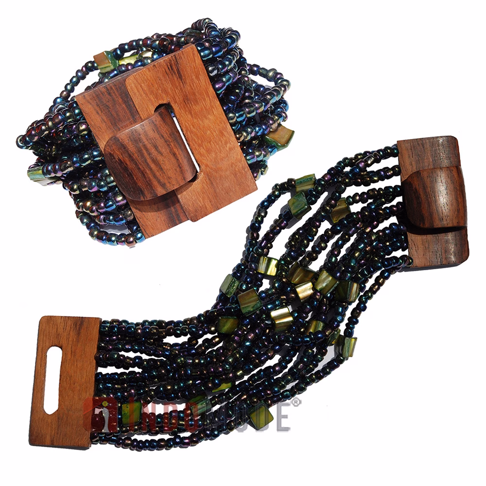 Green Rainbow Chrome Glass Beaded Bracelet Wood Clasp Mother Of Pearl - Image 3
