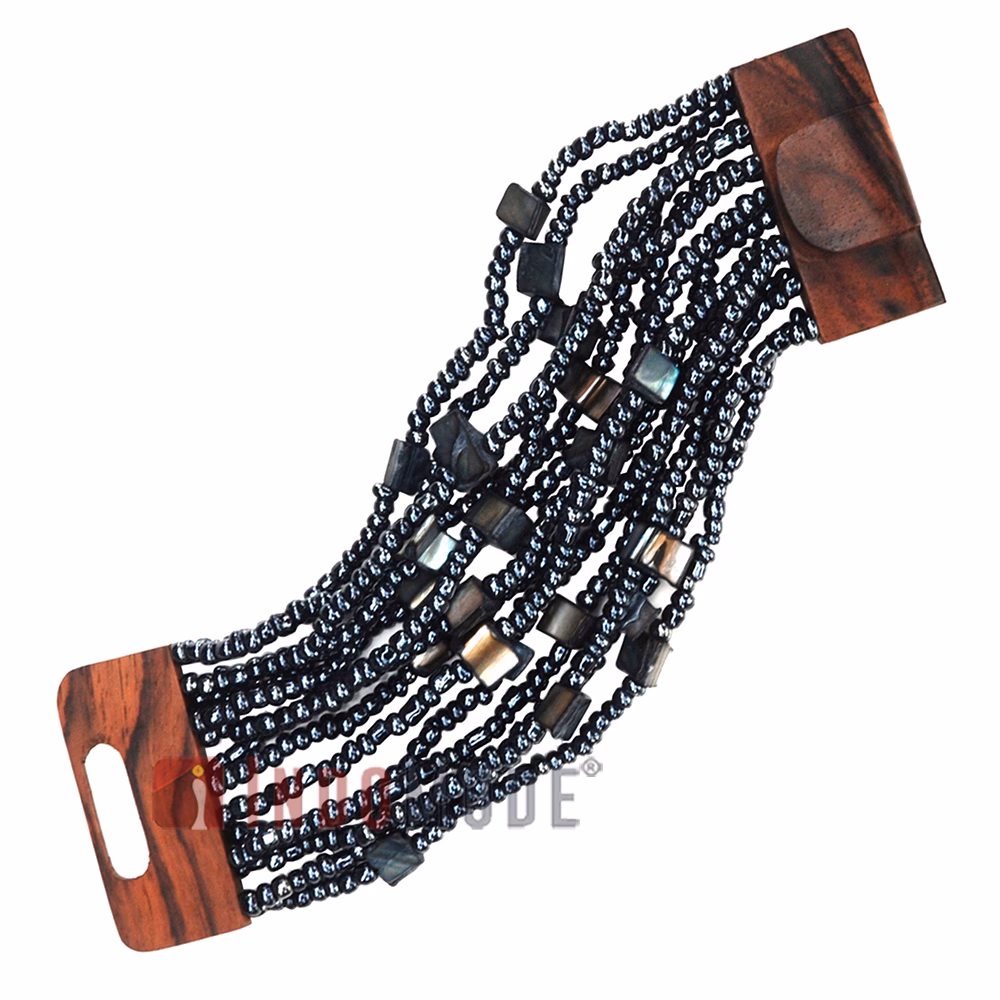 Hematite-Color Handmade Beaded Bracelet Mixed Mother Of Pearl Shells - Image 2