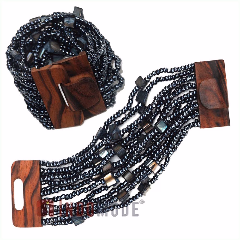 Hematite-Color Handmade Beaded Bracelet Mixed Mother Of Pearl Shells - Image 3