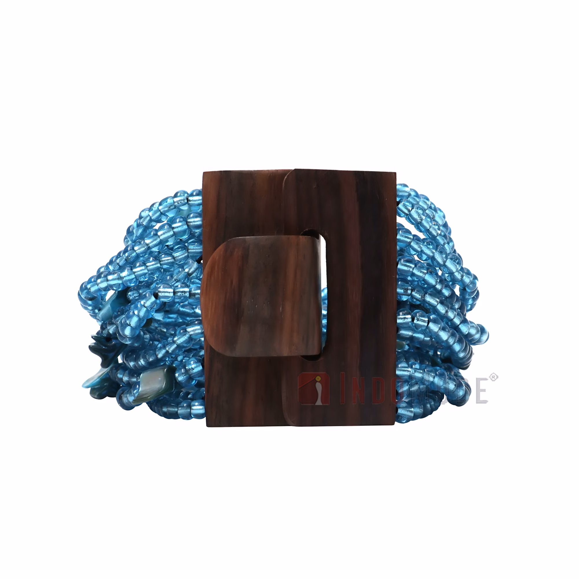 Translucent Blue Glass Beaded Bali Bracelet Wood Clasp with Mop Mix
