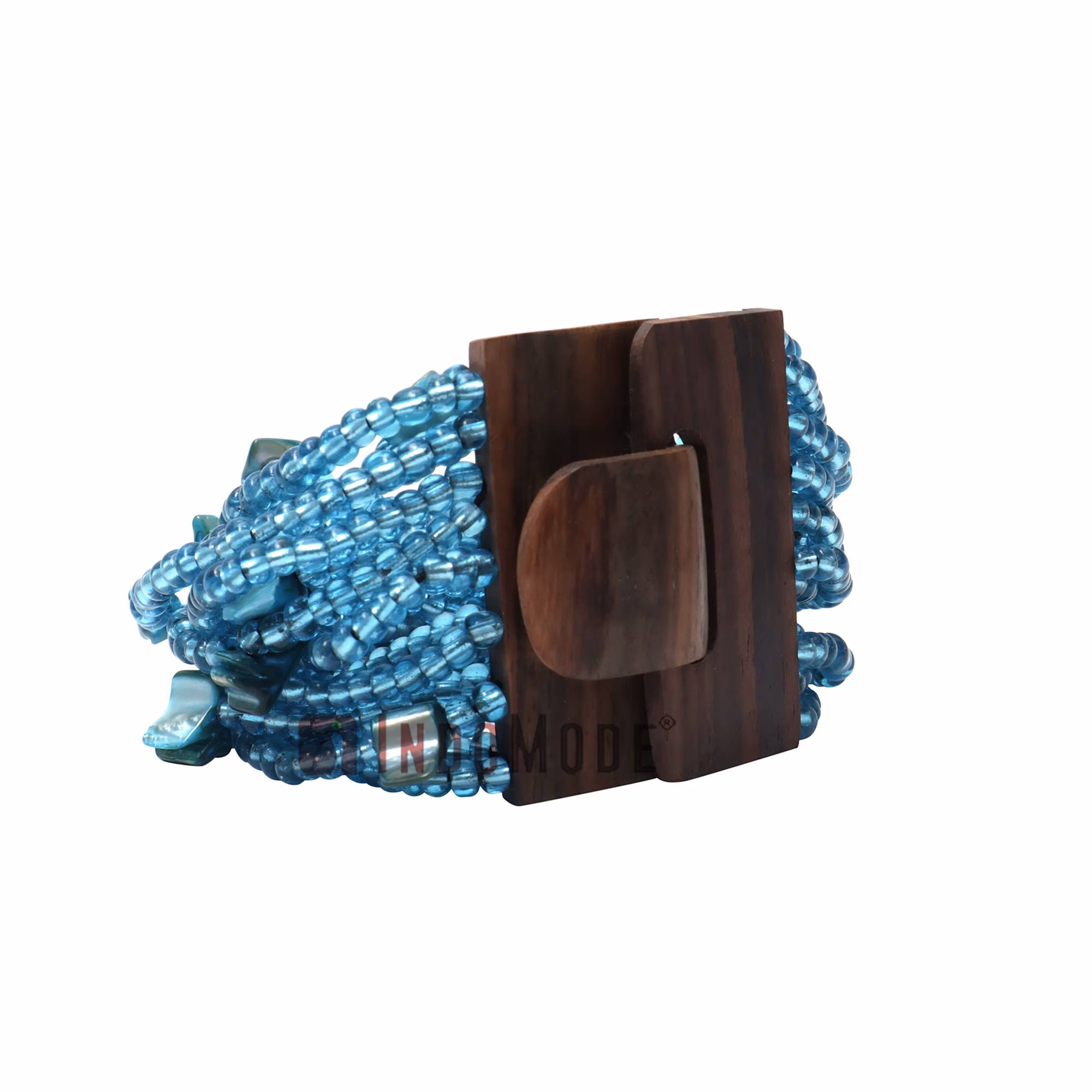 Translucent Blue Glass Beaded Bali Bracelet Wood Clasp with Mop Mix - Image 2