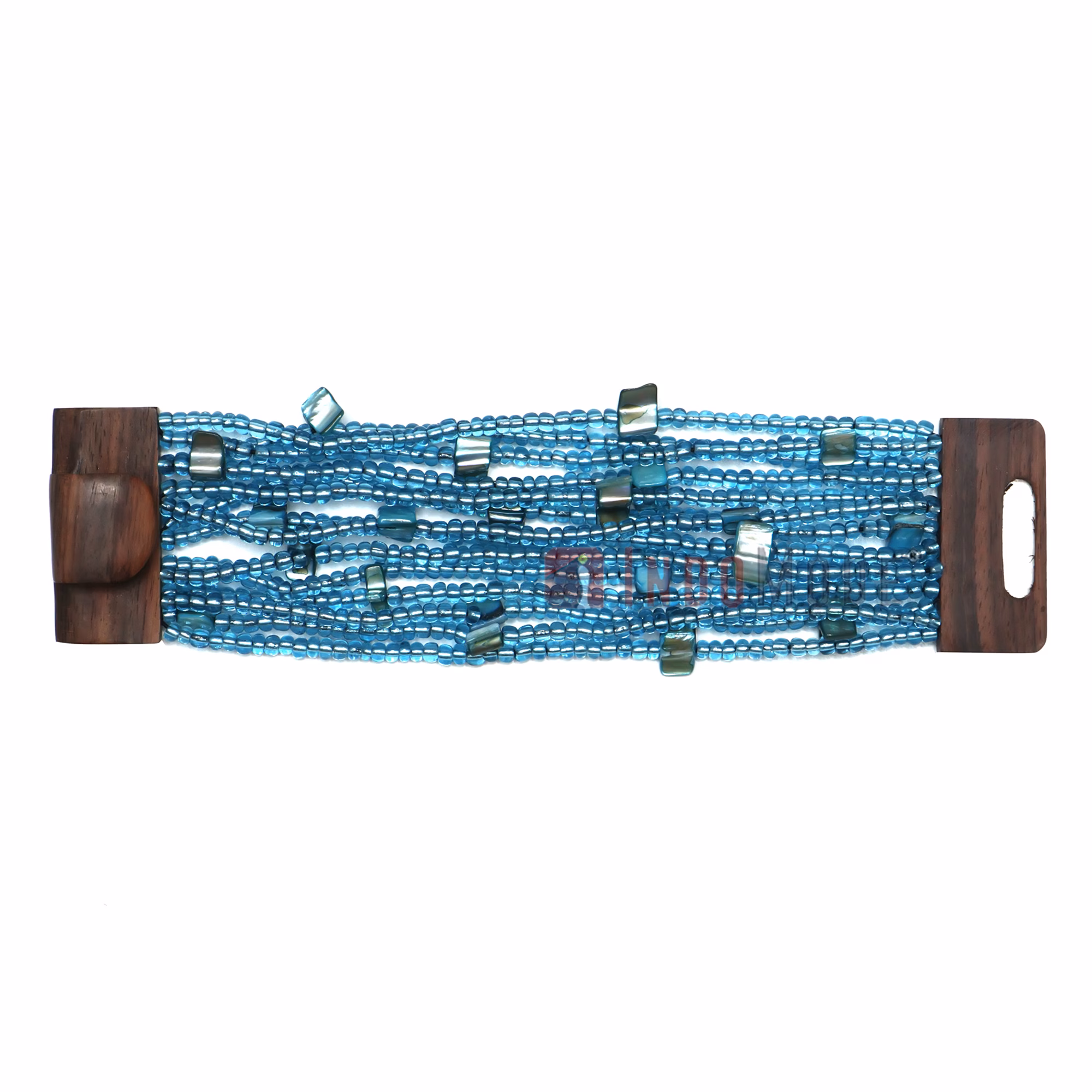 Translucent Blue Glass Beaded Bali Bracelet Wood Clasp with Mop Mix - Image 3