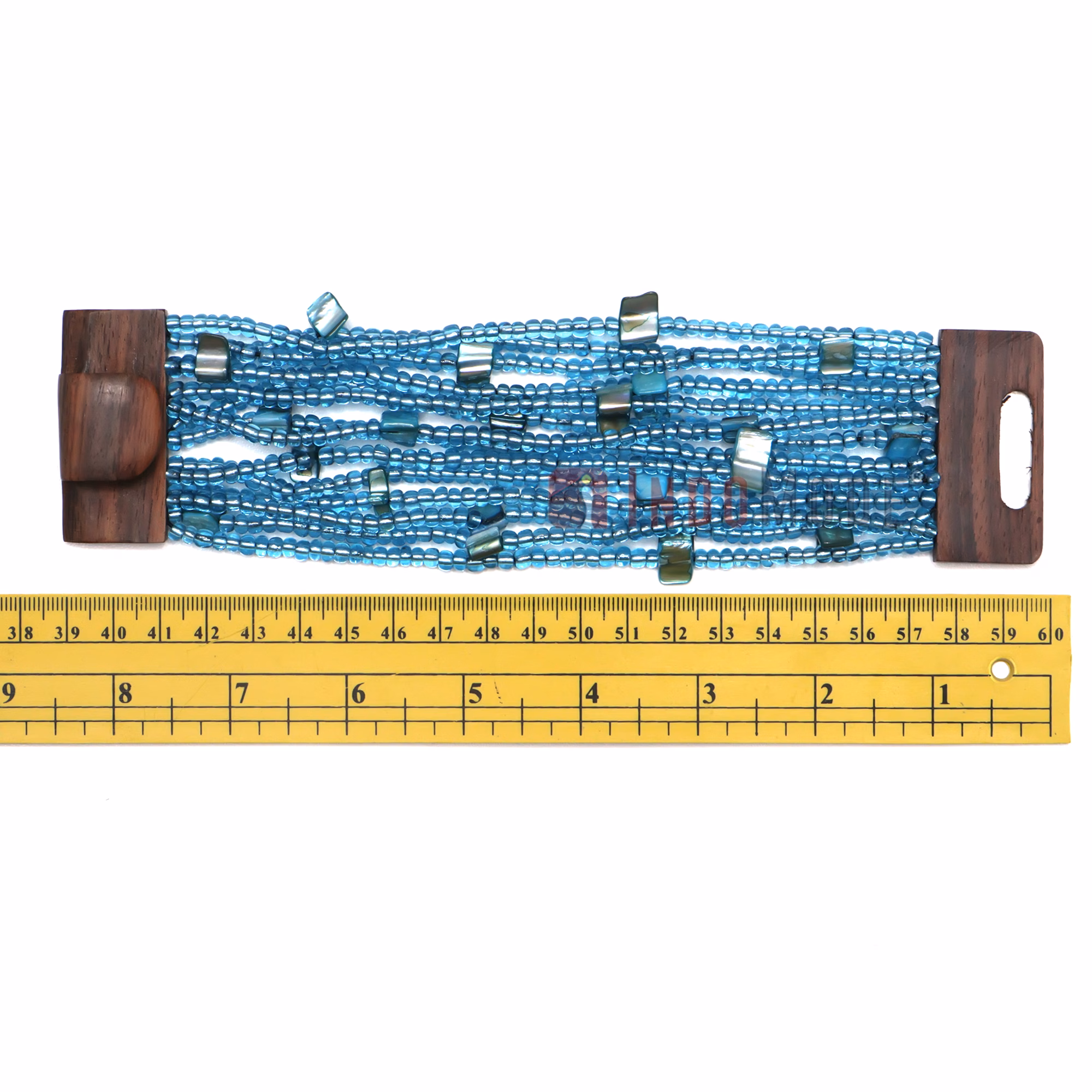 Translucent Blue Glass Beaded Bali Bracelet Wood Clasp with Mop Mix - Image 4