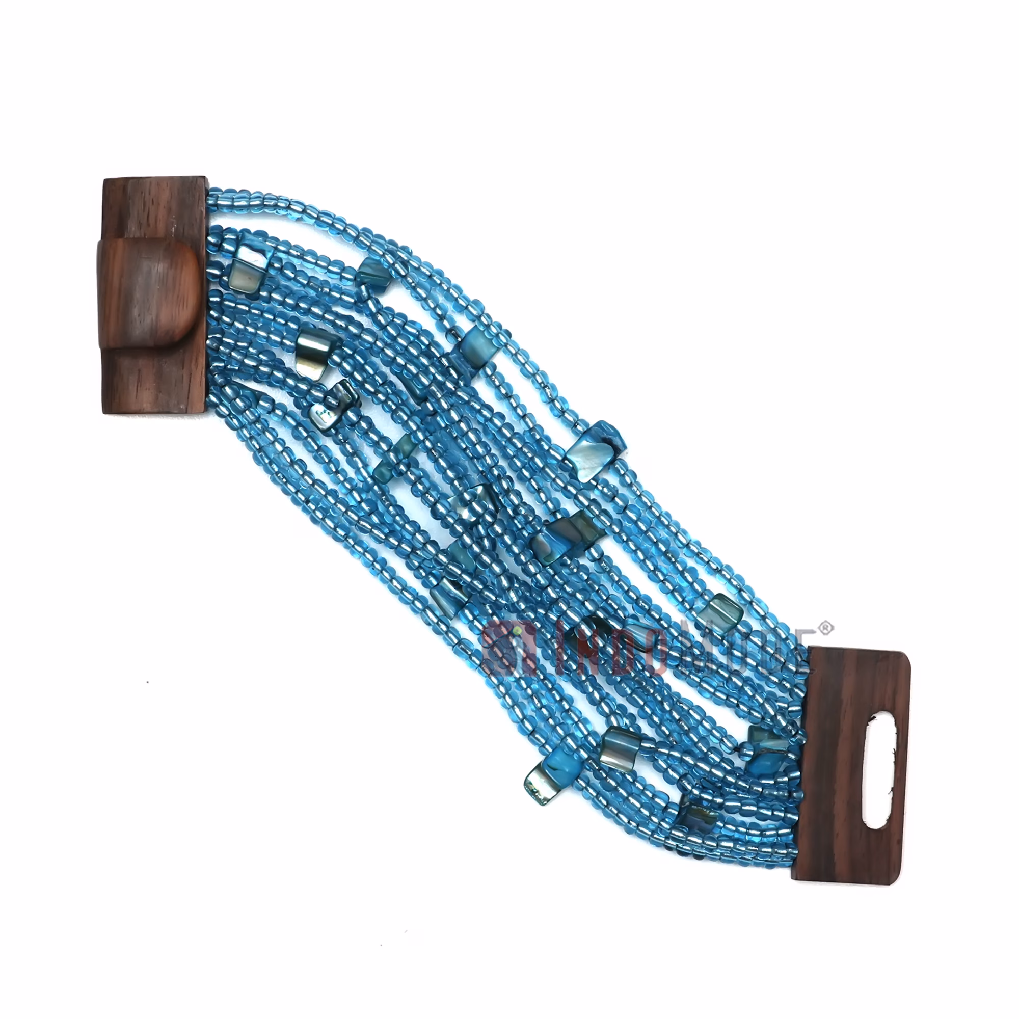 Translucent Blue Glass Beaded Bali Bracelet Wood Clasp with Mop Mix - Image 5