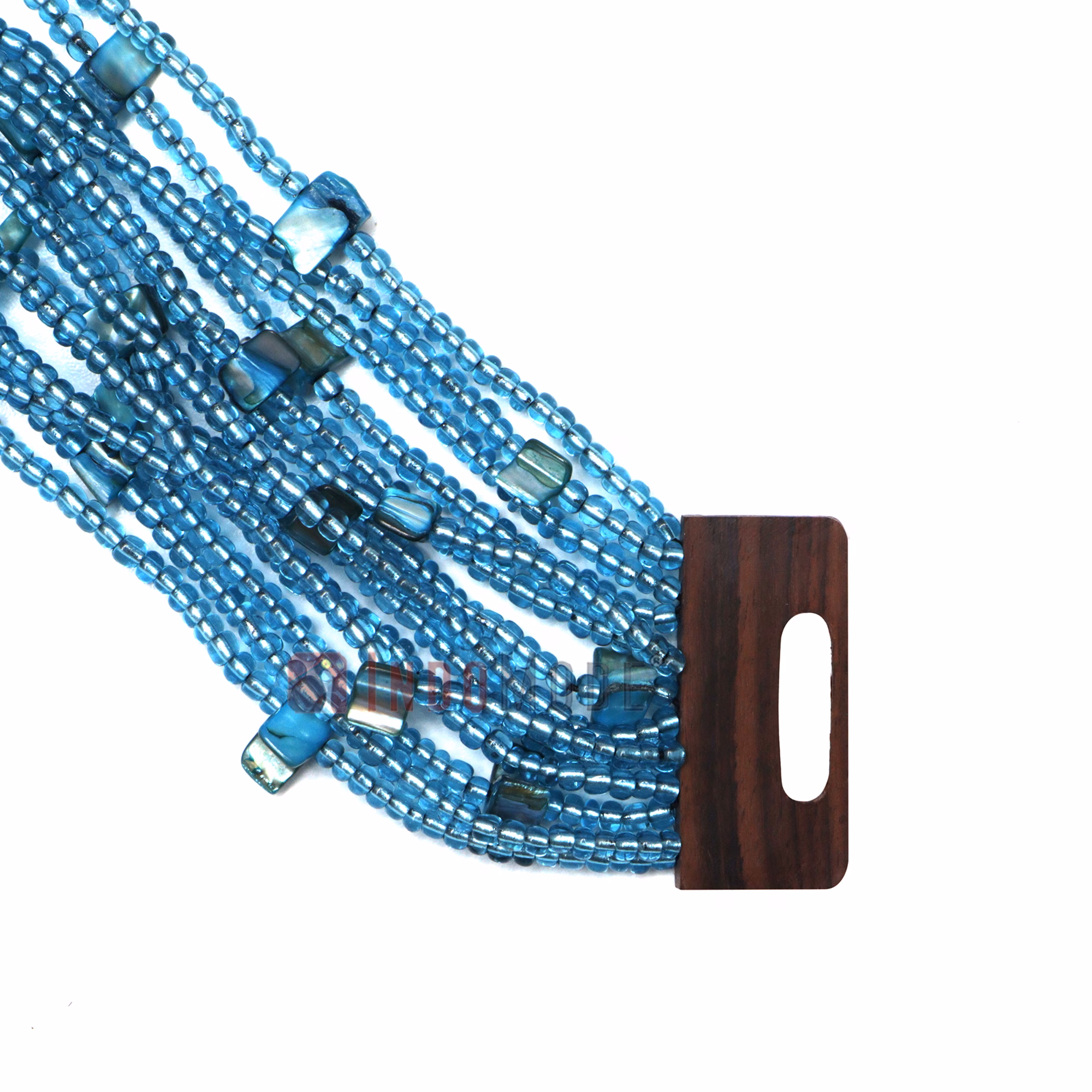 Translucent Blue Glass Beaded Bali Bracelet Wood Clasp with Mop Mix - Image 6