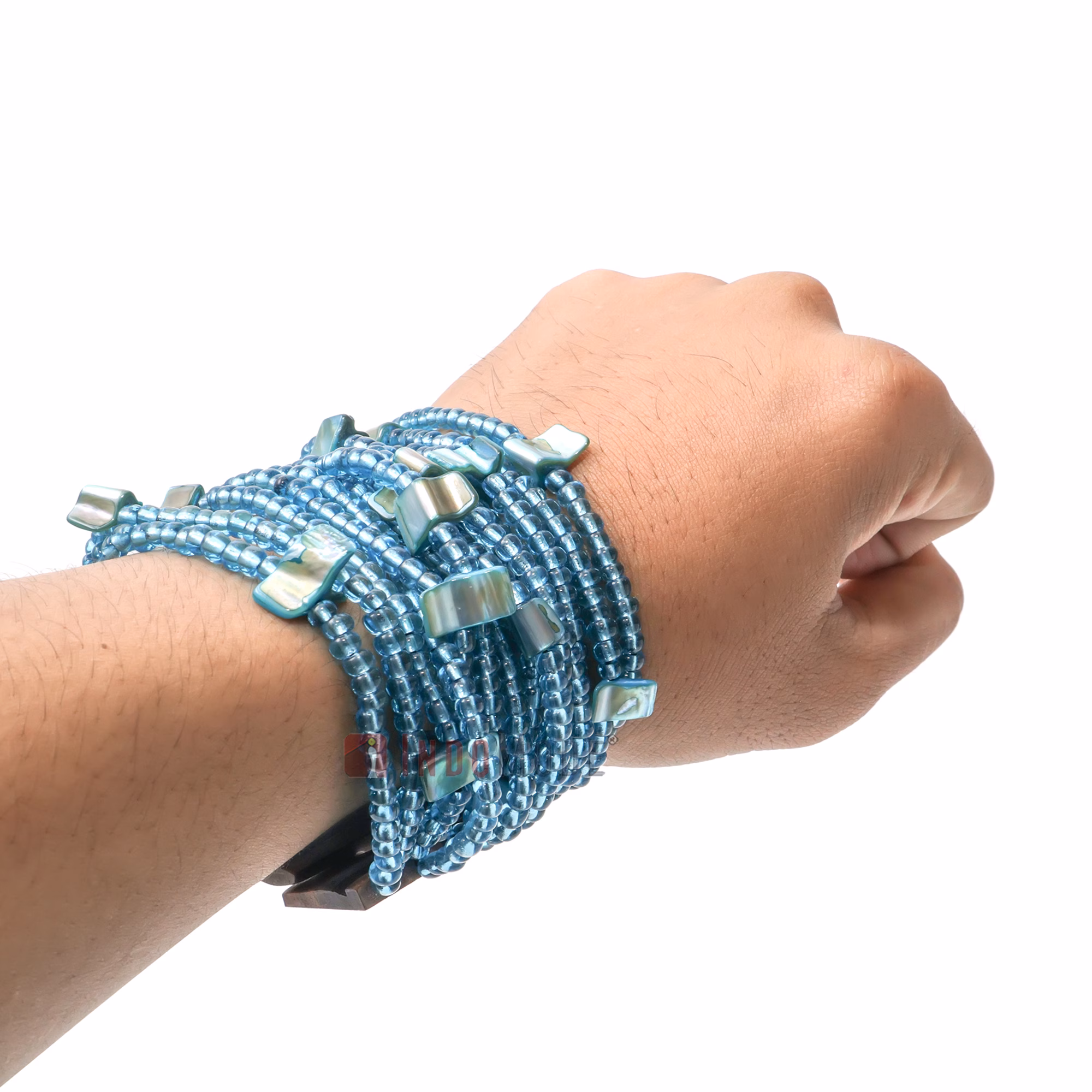 Translucent Blue Glass Beaded Bali Bracelet Wood Clasp with Mop Mix - Image 7