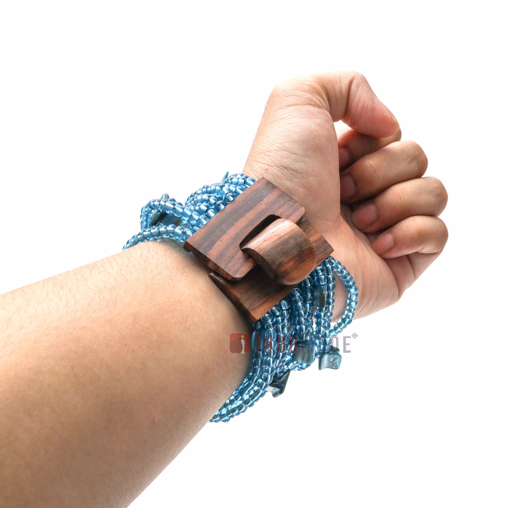 Translucent Blue Glass Beaded Bali Bracelet Wood Clasp with Mop Mix - Image 8