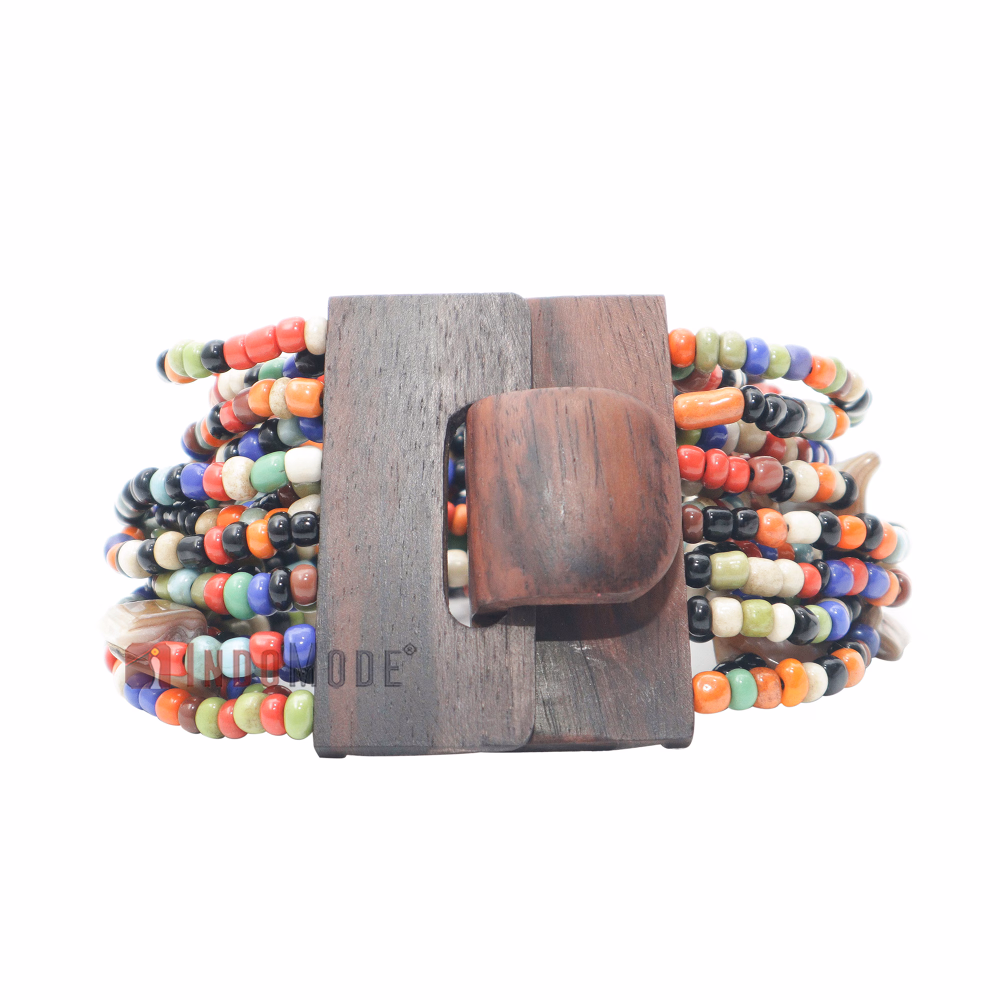 Multi-Colored 14-Strand Beaded Bracelet Wooden Buckle Clasp Mop Shell