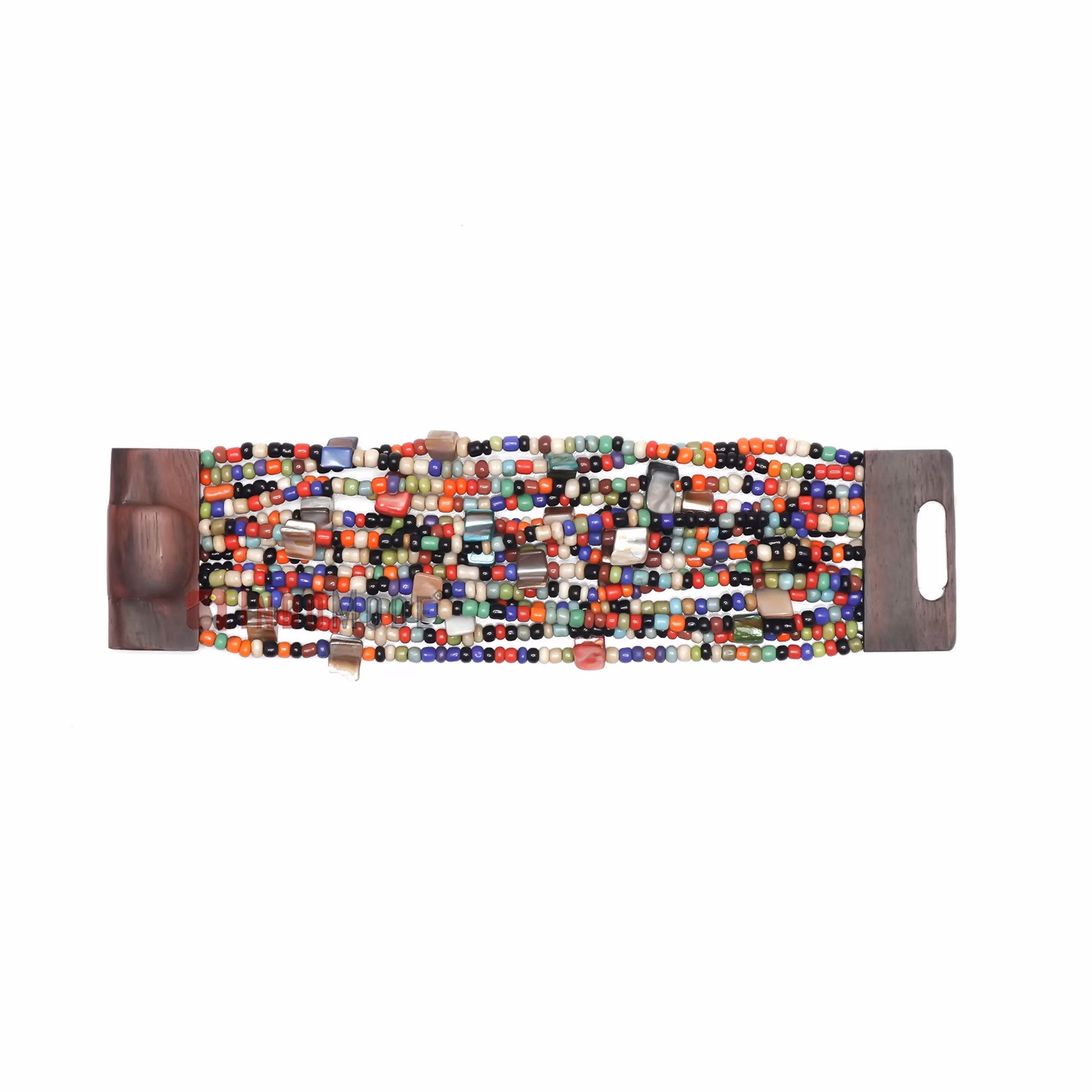 Multi-Colored 14-Strand Beaded Bracelet Wooden Buckle Clasp Mop Shell - Image 2