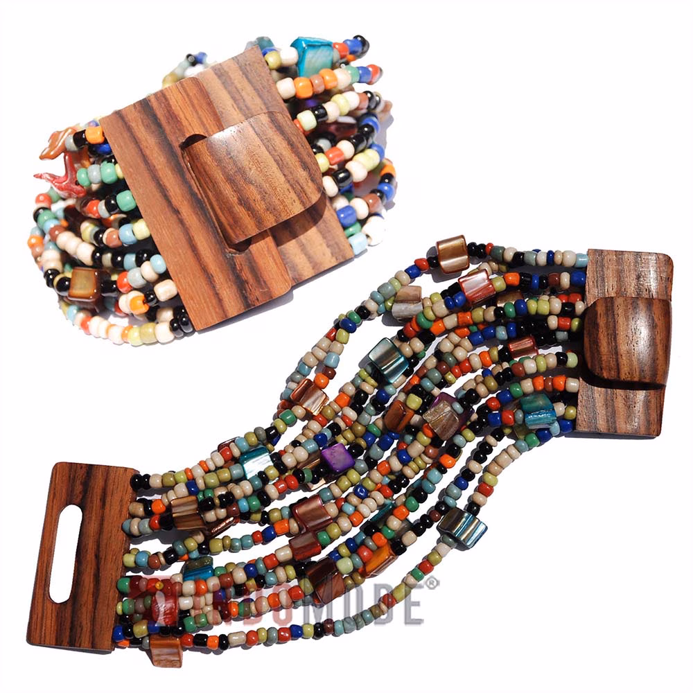 Multi-Colored 14-Strand Beaded Bracelet Wooden Buckle Clasp Mop Shell - Image 3