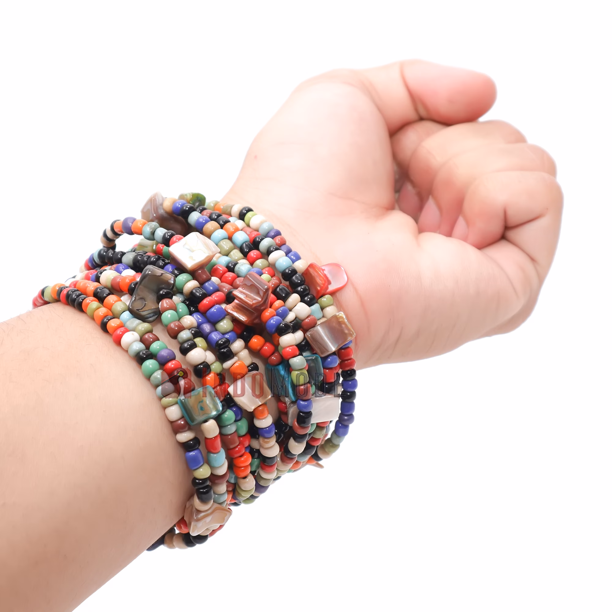 Multi-Colored 14-Strand Beaded Bracelet Wooden Buckle Clasp Mop Shell - Image 6