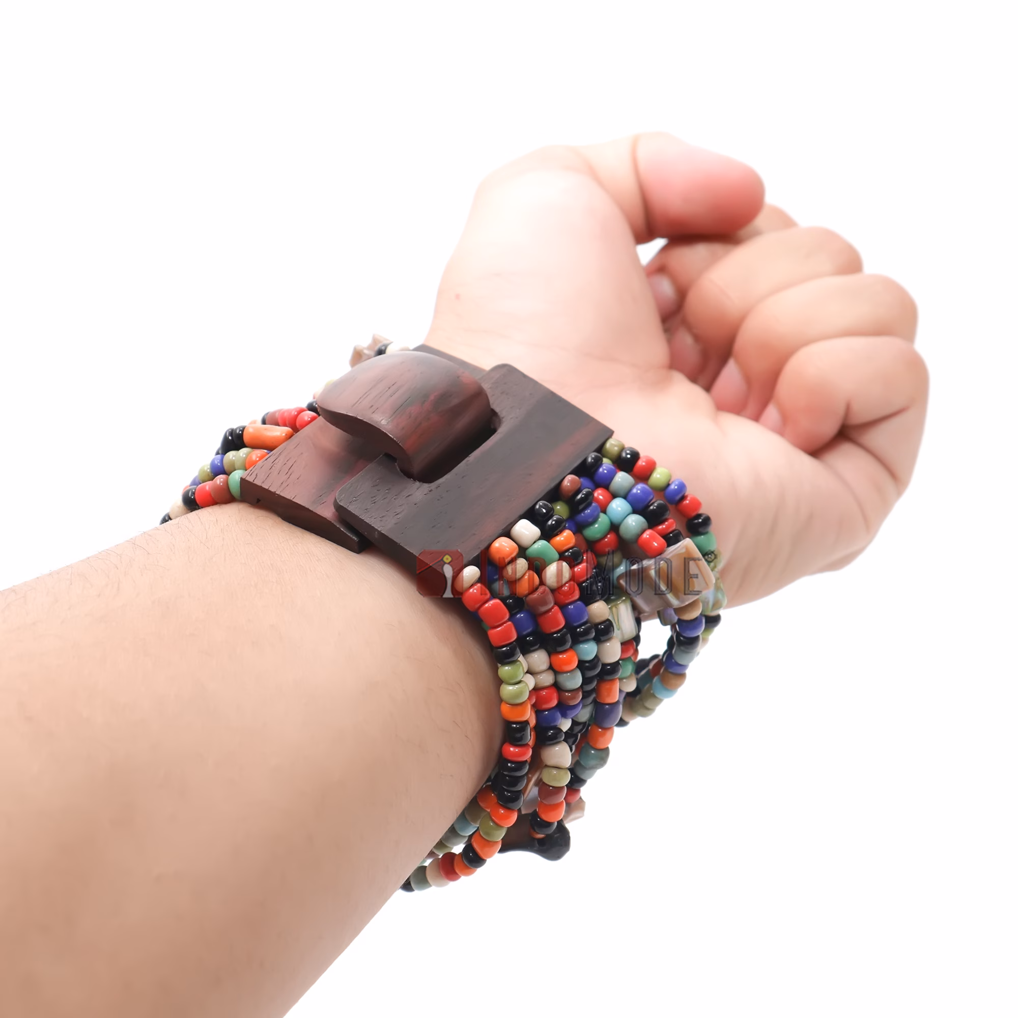 Multi-Colored 14-Strand Beaded Bracelet Wooden Buckle Clasp Mop Shell - Image 7