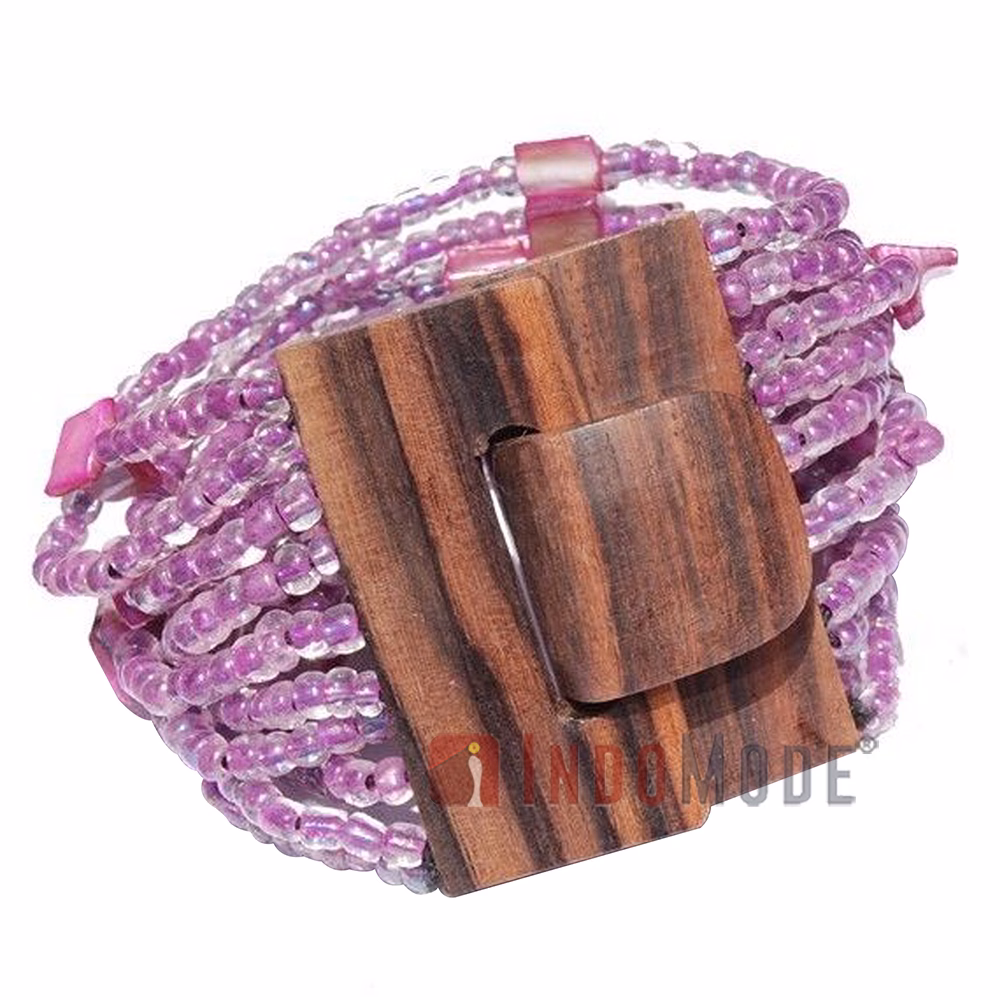 Translucent Purple Glass Beaded Bracelet with Wood Clasp Mop Shells