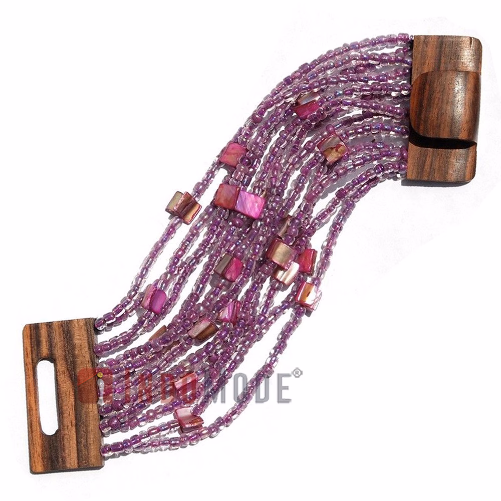 Translucent Purple Glass Beaded Bracelet with Wood Clasp Mop Shells - Image 2