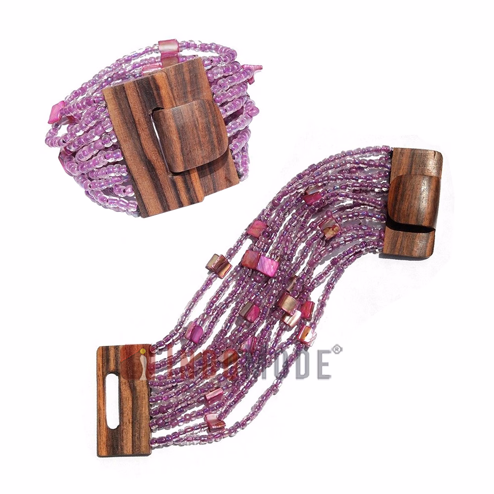 Translucent Purple Glass Beaded Bracelet with Wood Clasp Mop Shells - Image 3