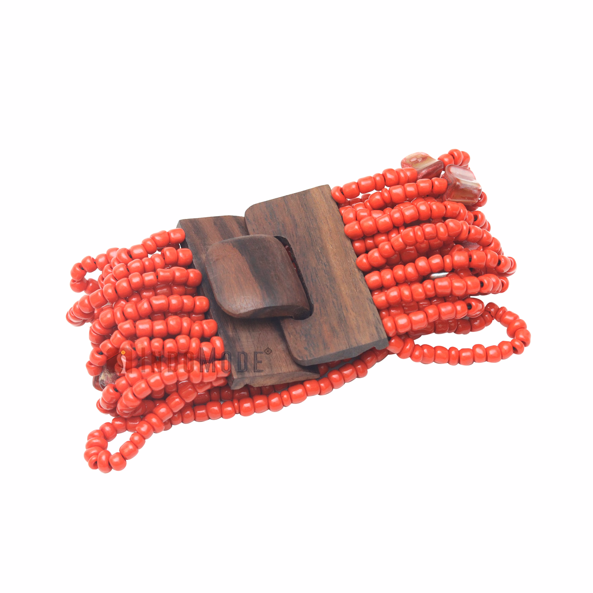 Red Ethnic Beaded Bali Bracelet with Wooden Buckle Clasp Mop Shells