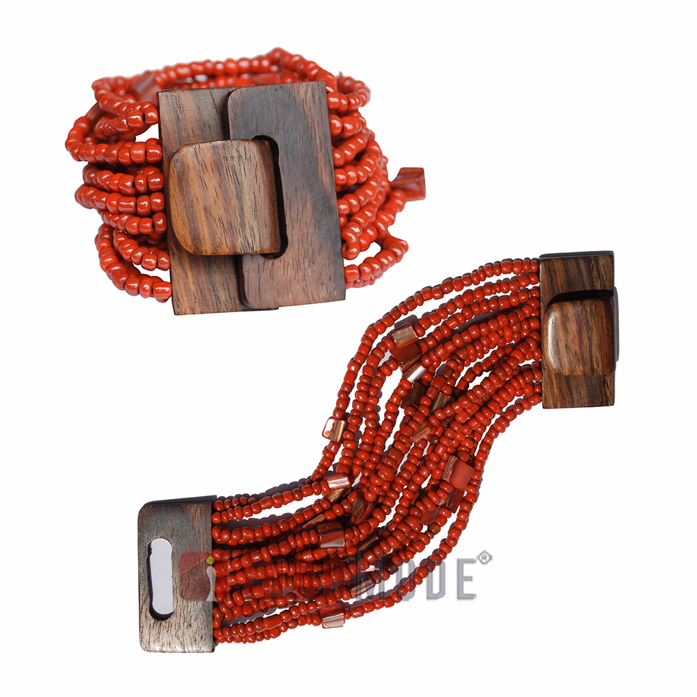 Red Ethnic Beaded Bali Bracelet with Wooden Buckle Clasp Mop Shells - Image 3