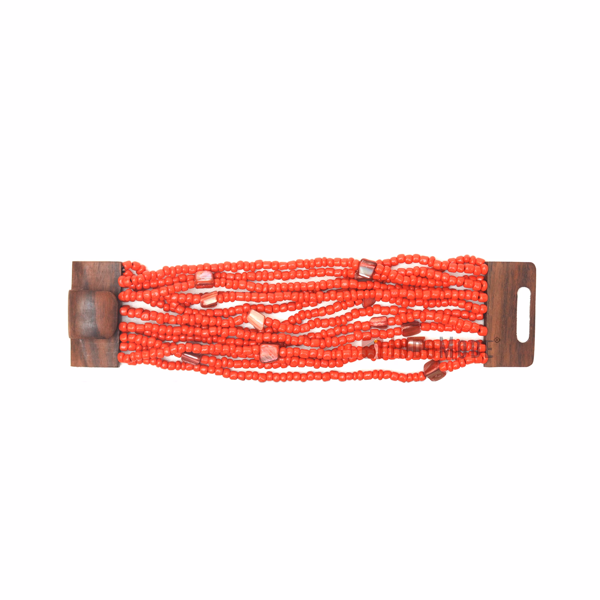 Red Ethnic Beaded Bali Bracelet with Wooden Buckle Clasp Mop Shells - Image 4