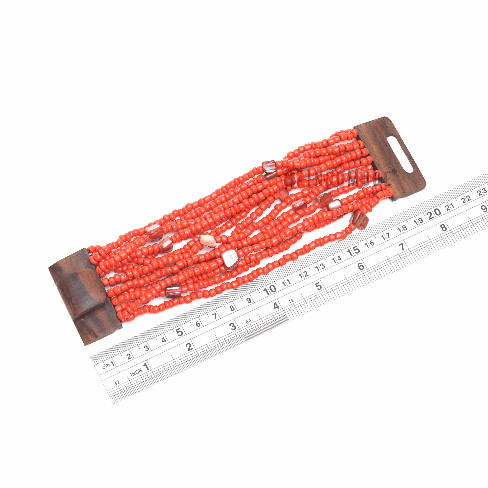 Red Ethnic Beaded Bali Bracelet with Wooden Buckle Clasp Mop Shells - Image 5
