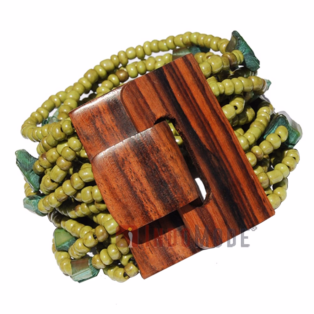 One-Size Green Beaded Bracelet 14-Strands Wooden Clasp with Mop Shell