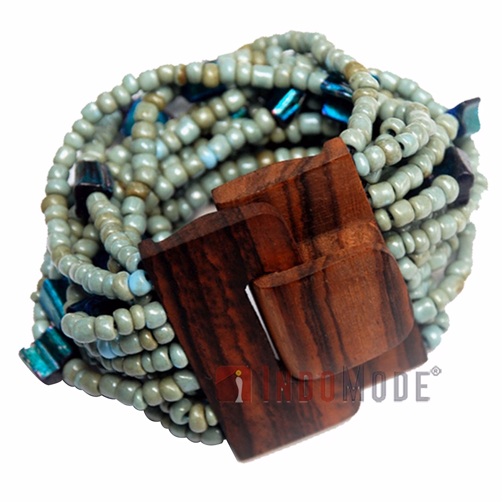 Turquoise Blue Bead Bracelet 5 cm Wide Wooden Clasp Mother Of Pearl