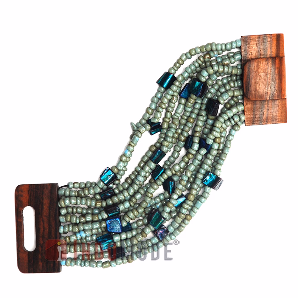 Turquoise Blue Bead Bracelet 5 cm Wide Wooden Clasp Mother Of Pearl - Image 2