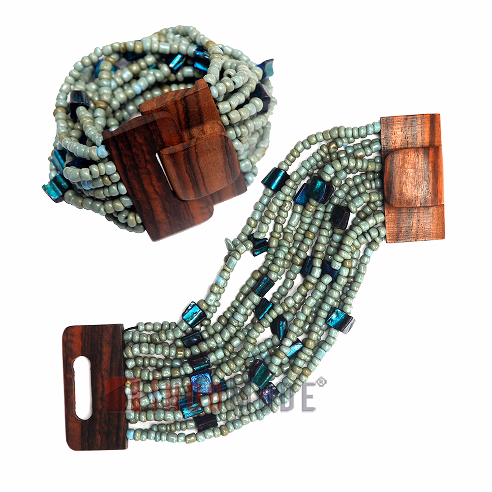 Turquoise Blue Bead Bracelet 5 cm Wide Wooden Clasp Mother Of Pearl - Image 3