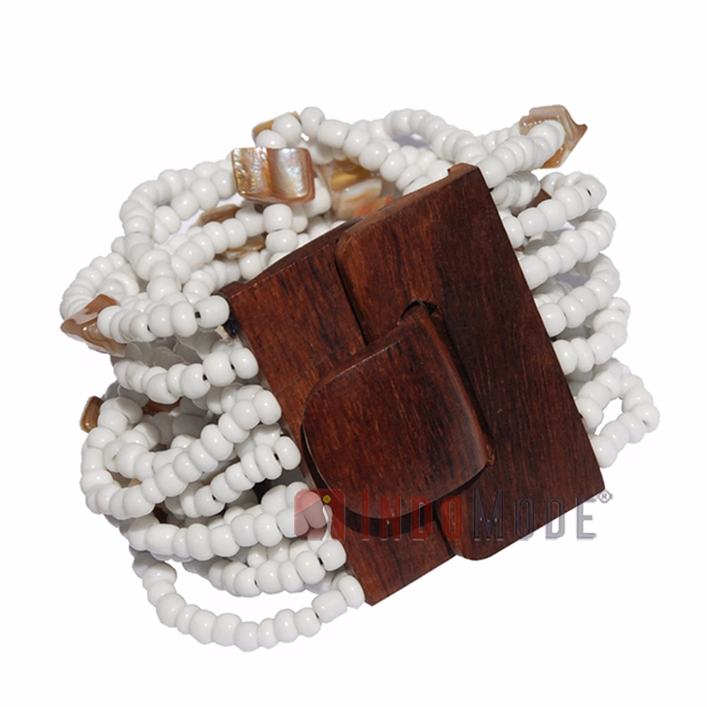 White Glass Beads Bracelet 14-Strand 5 cm Wide with Mother Of Pearl