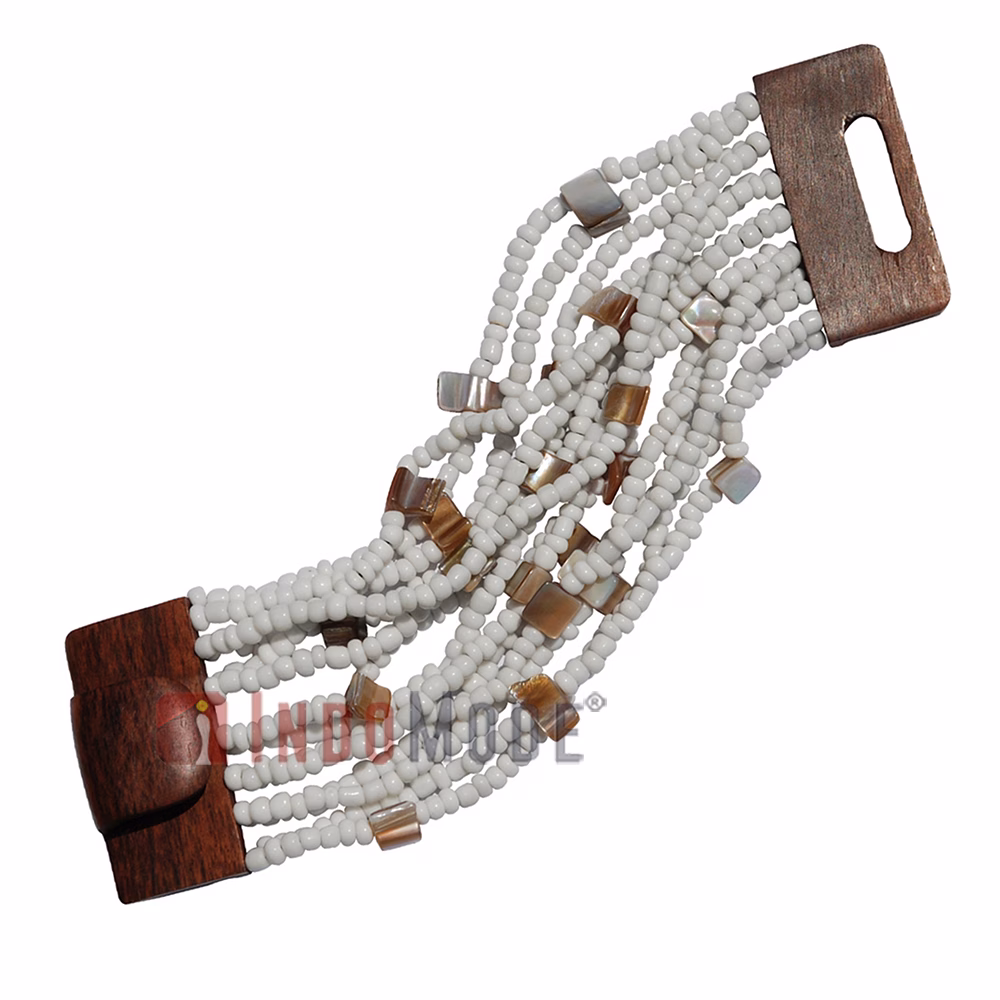 White Glass Beads Bracelet 14-Strand 5 cm Wide with Mother Of Pearl - Image 2