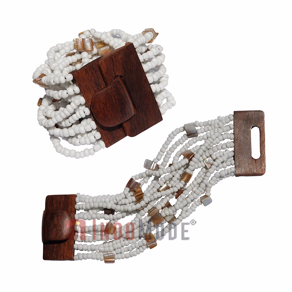 White Glass Beads Bracelet 14-Strand 5 cm Wide with Mother Of Pearl - Image 3
