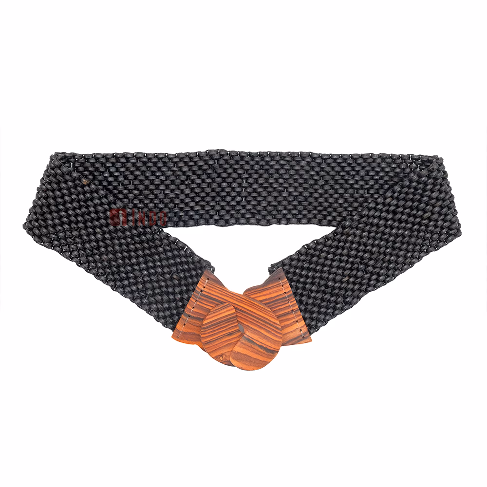 Black Color Belt for Women Handcrafted Coconut Shell Elongated Beaded 2-inch Wide Elastic Stretchy Cinch BALI Fashion Sturdy Belt Wood Hook Clasp
