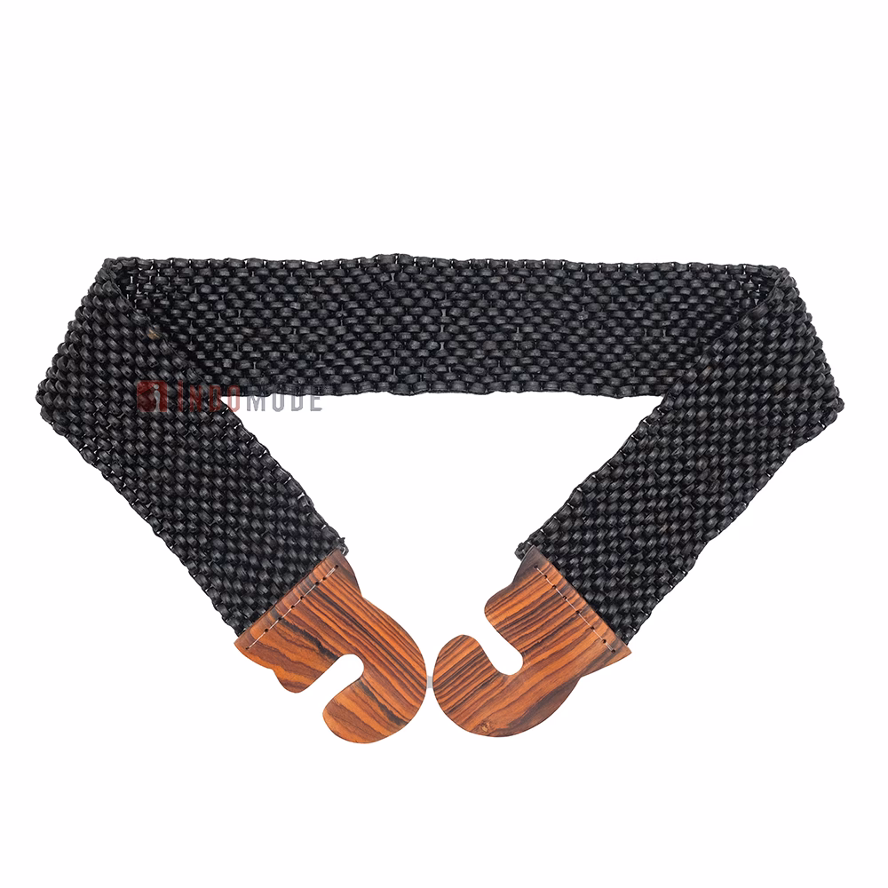 Black Color Belt for Women Handcrafted Coconut Shell Elongated Beaded 2-inch Wide Elastic Stretchy Cinch BALI Fashion Sturdy Belt Wood Hook Clasp