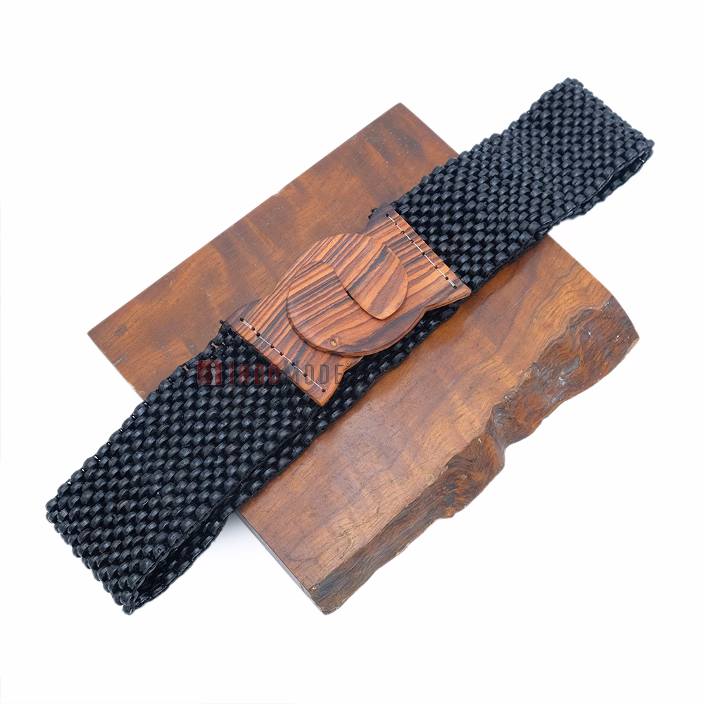 Black Color Belt for Women Handcrafted Coconut Shell Elongated Beaded 2-inch Wide Elastic Stretchy Cinch BALI Fashion Sturdy Belt Wood Hook Clasp