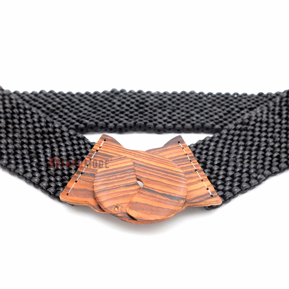 Black Color Belt for Women Handcrafted Coconut Shell Elongated Beaded 2-inch Wide Elastic Stretchy Cinch BALI Fashion Sturdy Belt Wood Hook Clasp