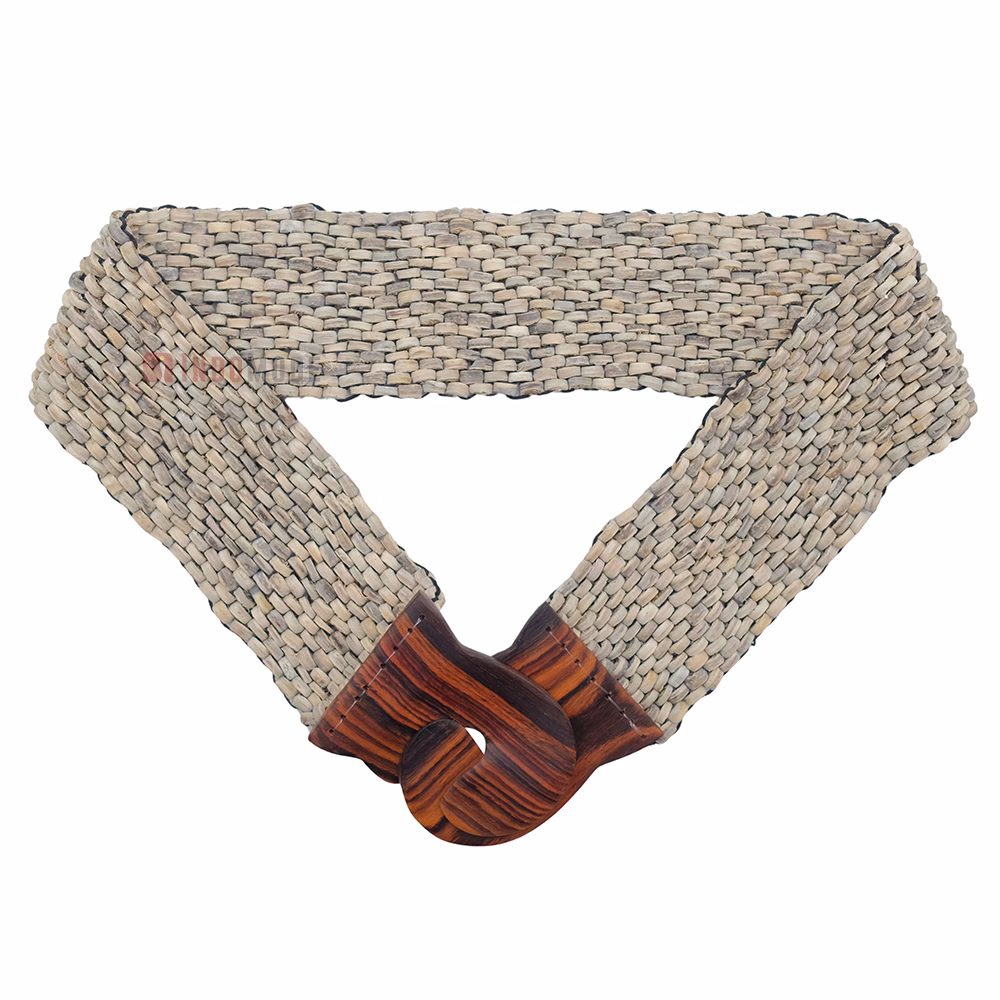Natural Light Color Belt for Women Handcrafted Coconut Shell Elongated Beaded 2-inch Wide Elastic Stretchy Cinch BALI Fashion Sturdy Belt Wood Hook Clasp