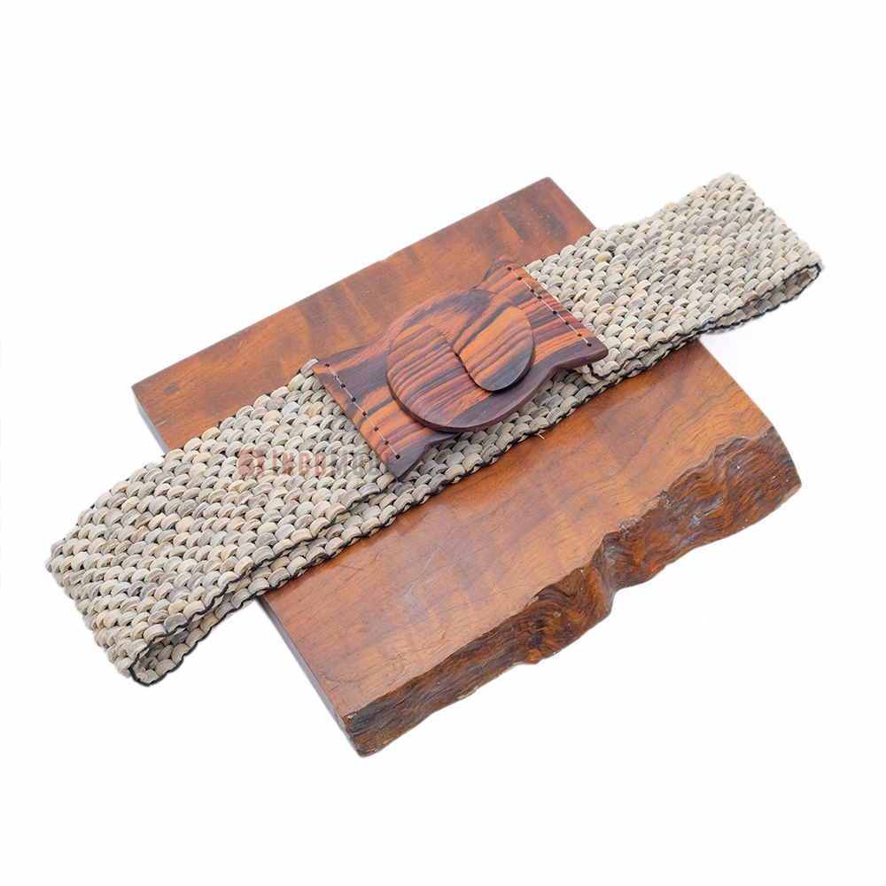 Natural Light Color Belt for Women Handcrafted Coconut Shell Elongated Beaded 2-inch Wide Elastic Stretchy Cinch BALI Fashion Sturdy Belt Wood Hook Clasp