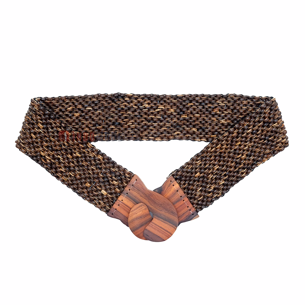 Natural Color Belt for Women Handcrafted Coconut Shell Elongated Beaded 2-inch Wide Elastic Stretchy Cinch BALI Fashion Sturdy Belt Wood Hook Clasp
