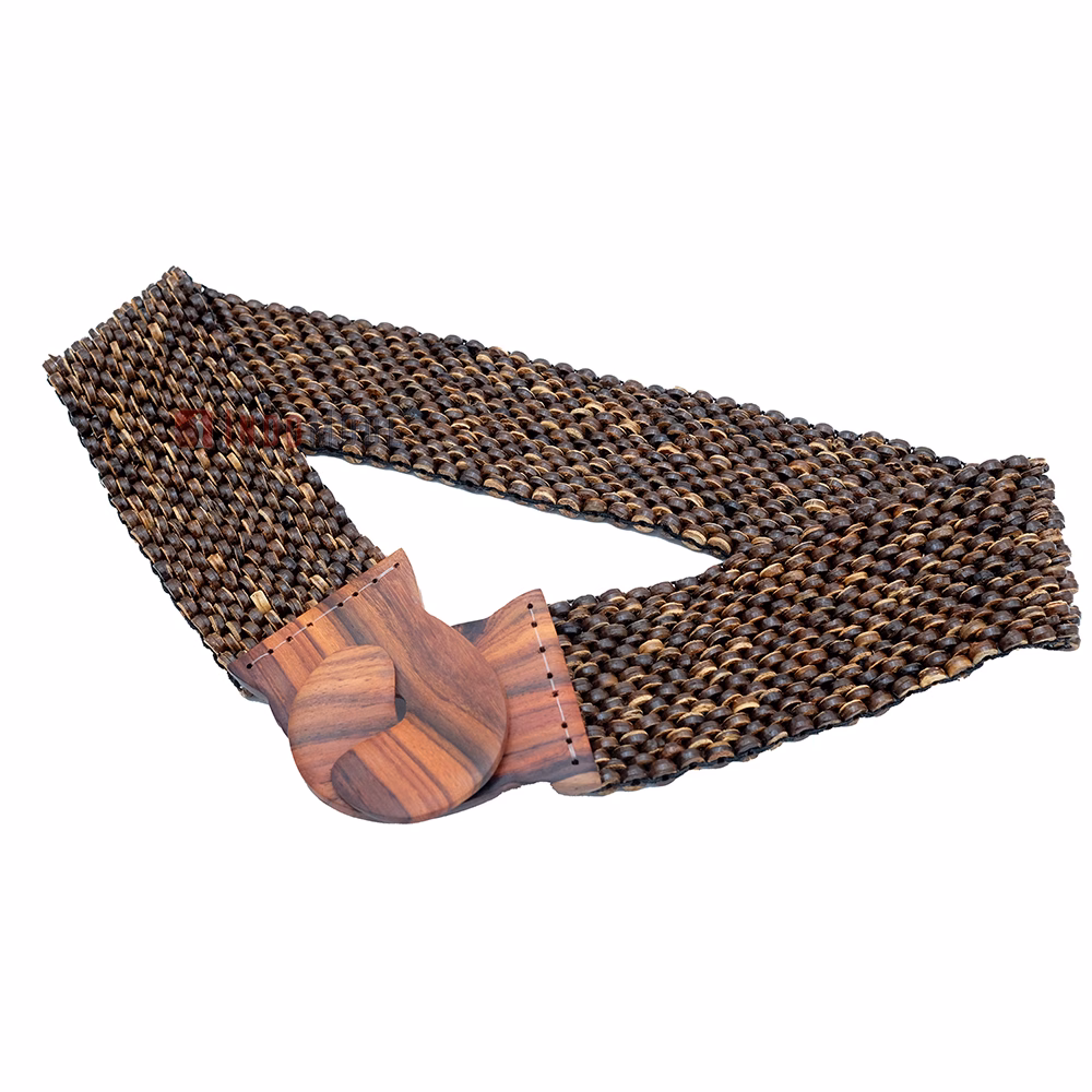 Natural Color Belt for Women Handcrafted Coconut Shell Elongated Beaded 2-inch Wide Elastic Stretchy Cinch BALI Fashion Sturdy Belt Wood Hook Clasp