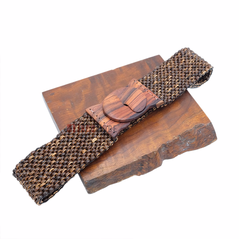 Natural Color Belt for Women Handcrafted Coconut Shell Elongated Beaded 2-inch Wide Elastic Stretchy Cinch BALI Fashion Sturdy Belt Wood Hook Clasp
