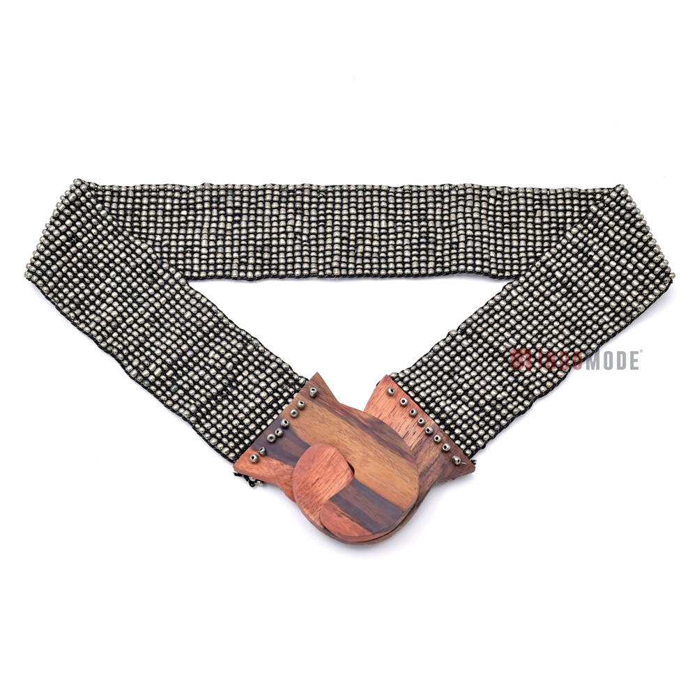 Women's Belt Stretchy Beaded Bali Cinch Belt Wood Clasp - Dark Silver